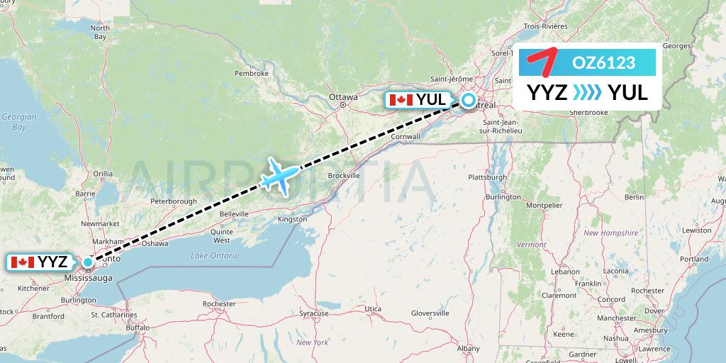 OZ6123 Asiana Airlines Flight Map: Toronto to Montreal