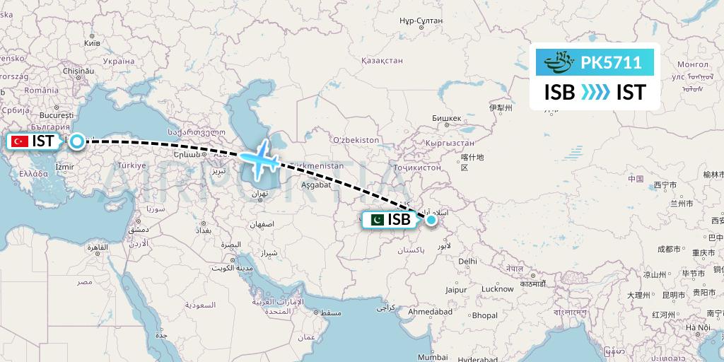 PK5711 Pakistan International Airlines Flight Map: Islamabad to Istanbul