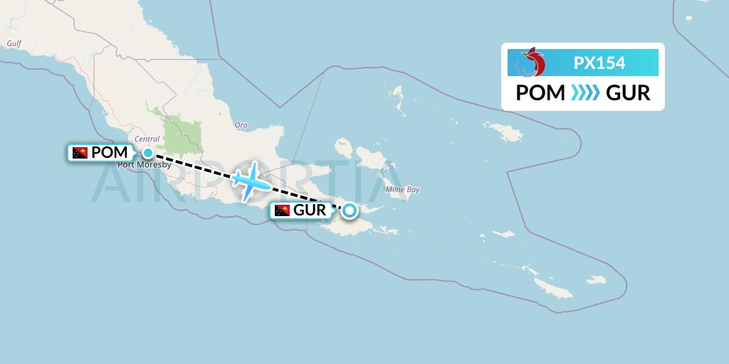 PX154 Air Niugini Flight Map: Port Moresby to Gurney