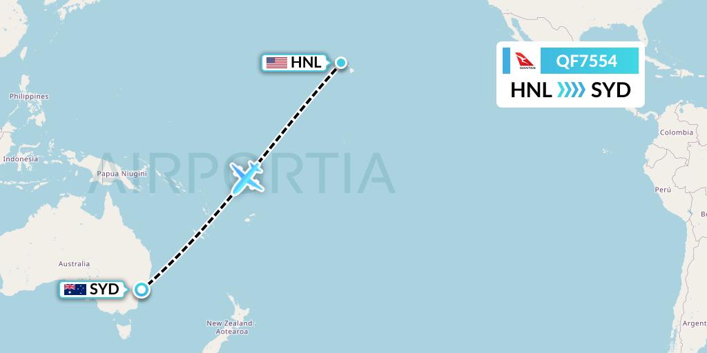 QF7554 Qantas Flight Map: Honolulu to Sydney