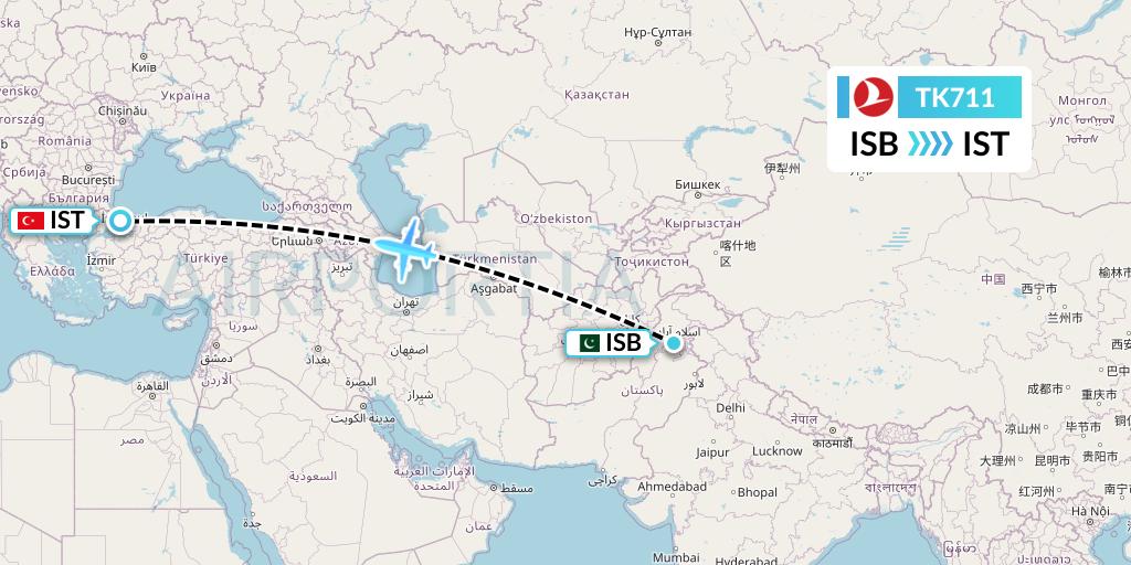 TK711 Turkish Airlines Flight Map: Islamabad to Istanbul