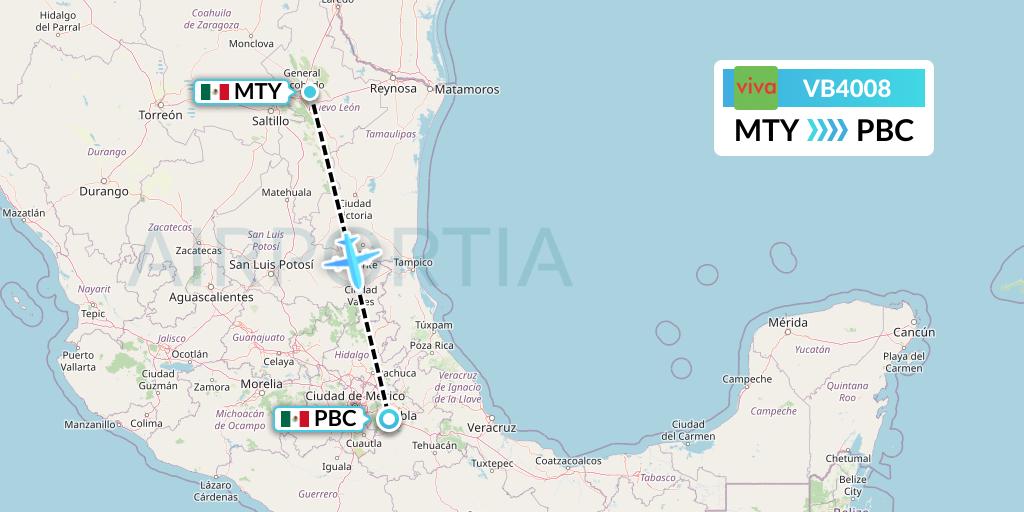 VB4008 VivaAerobus Flight Map: Monterrey to Puebla