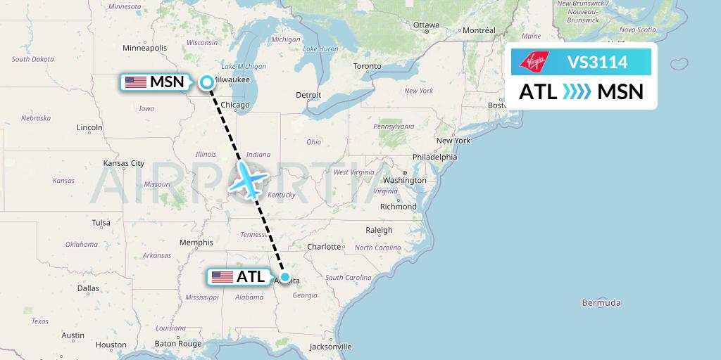 VS3114 Virgin Atlantic Airways Flight Map: Atlanta to Madison
