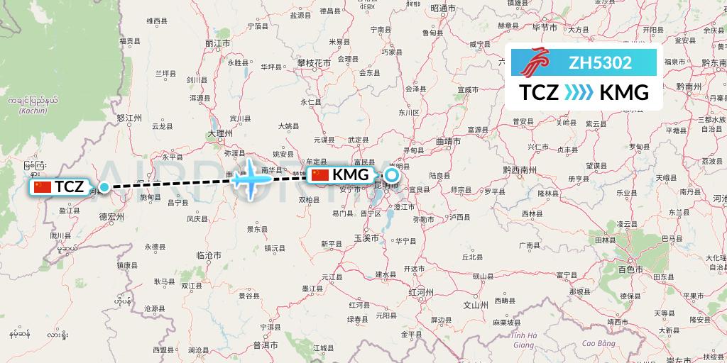 ZH5302 Shenzhen Airlines Flight Map: Tengchong to Kunming
