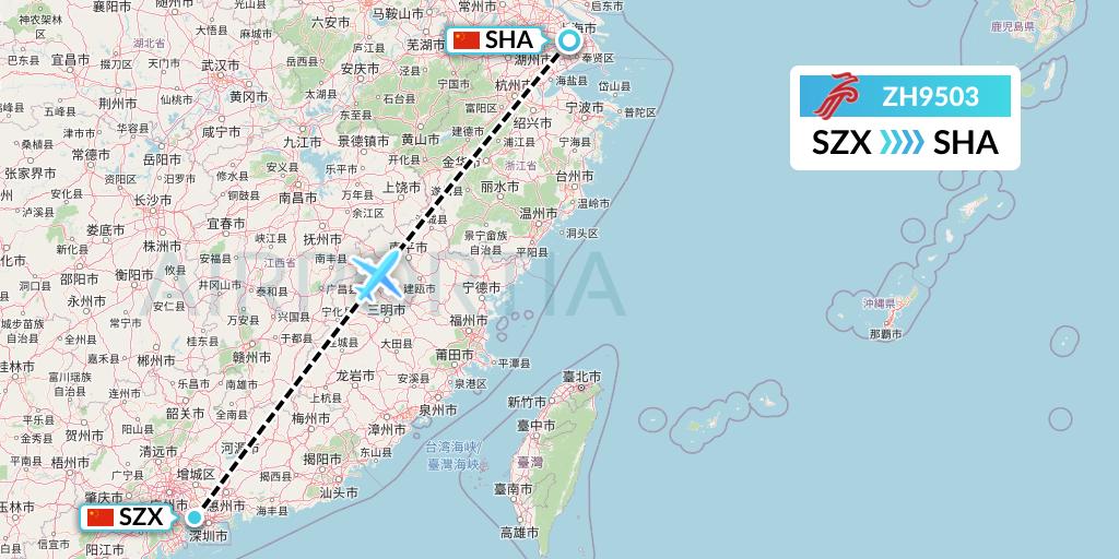 ZH9503 Shenzhen Airlines Flight Map: Shenzhen to Shanghai