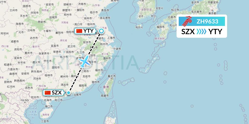 ZH9633 Shenzhen Airlines Flight Map: Shenzhen to Yangzhou