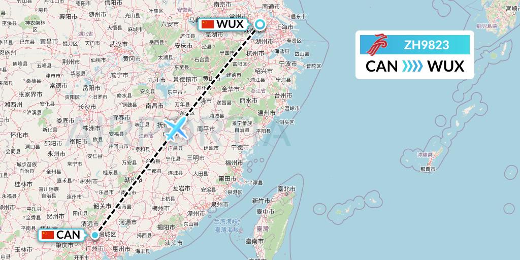 ZH9823 Shenzhen Airlines Flight Map: Guangzhou to Wuxi