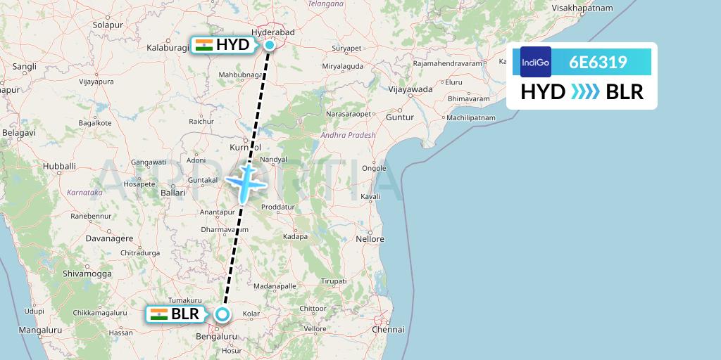 6E6319 IndiGo Airlines Flight Map: Hyderabad to Bangalore