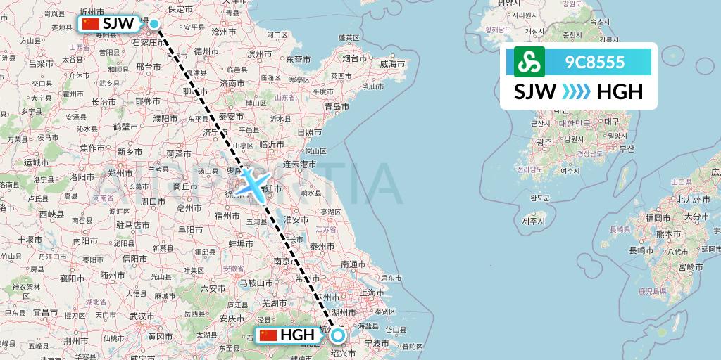 9C8555 Spring Airlines Flight Map: Shijiazhuang to Hangzhou