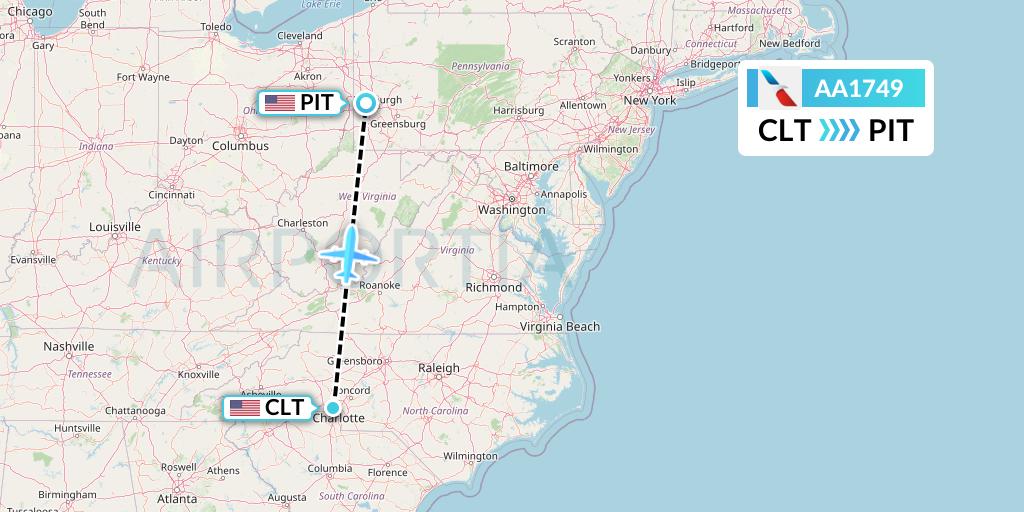 AA1749 American Airlines Flight Map: Charlotte to Pittsburgh
