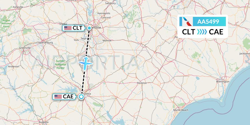 AA5499 American Airlines Flight Map: Charlotte to Columbia