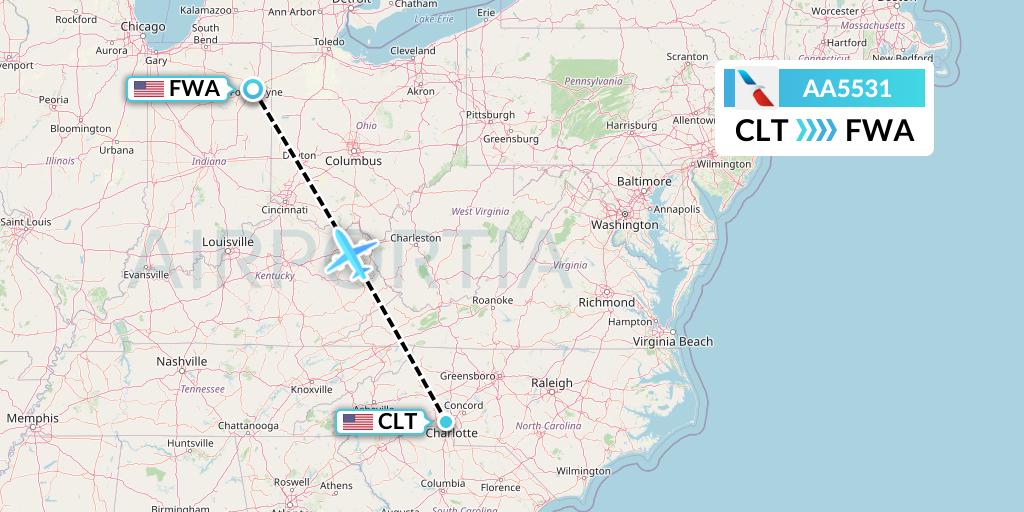 AA5531 American Airlines Flight Map: Charlotte to Fort Wayne