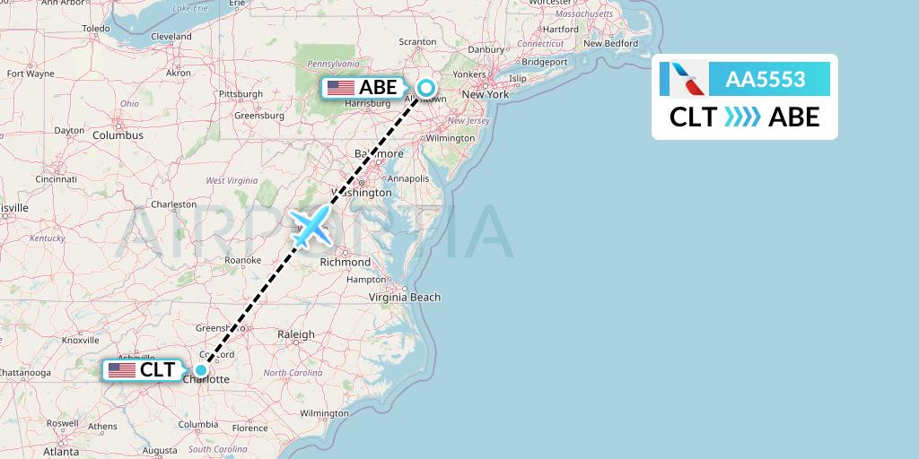 AA5553 American Airlines Flight Map: Charlotte to Allentown