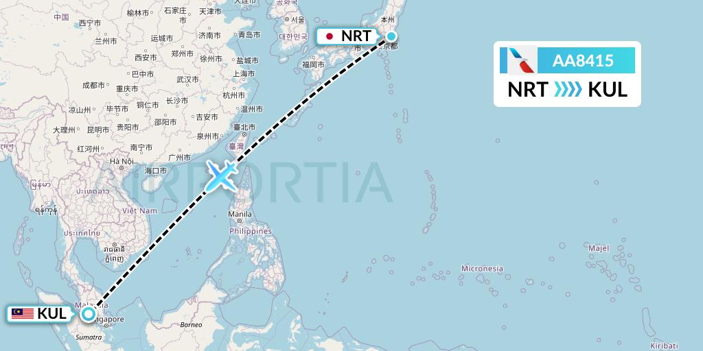 AA8415 American Airlines Flight Map: Tokyo to Kuala Lumpur