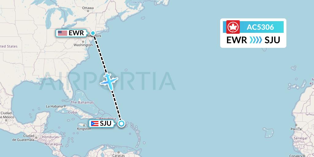 AC5306 Air Canada Flight Map: New York to San Juan