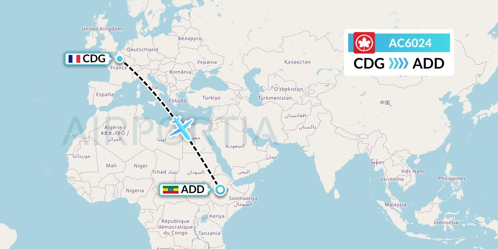 AC6024 Air Canada Flight Map: Paris to Addis Ababa