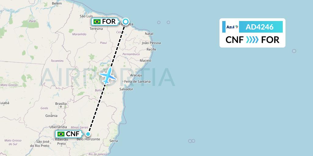 AD4246 Azul Brazilian Airlines Flight Map: Belo Horizonte to Fortaleza