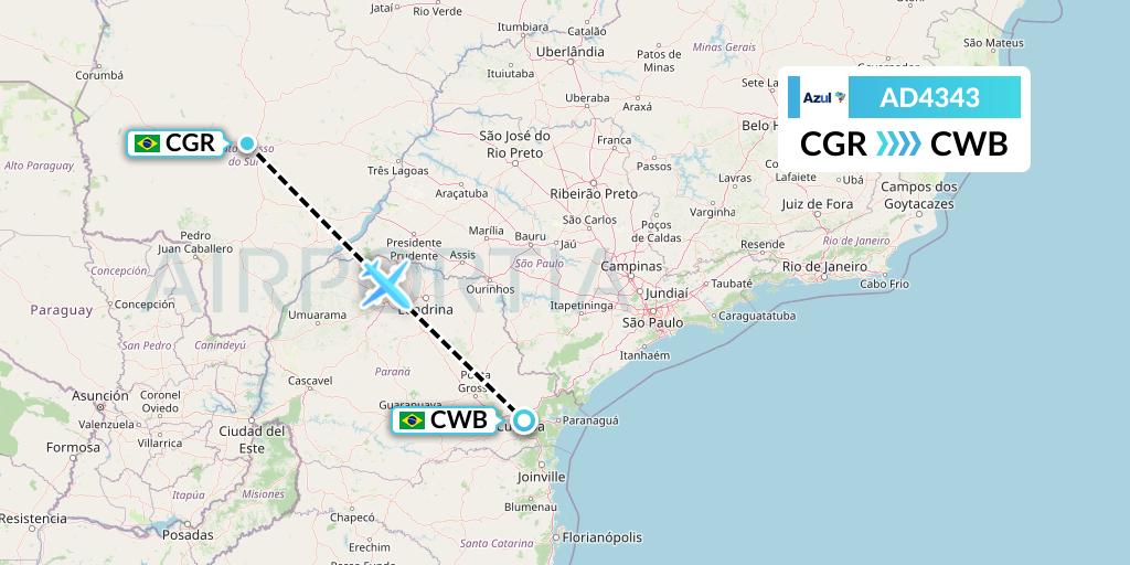 AD4343 Azul Brazilian Airlines Flight Map: Campo Grande to Curitiba