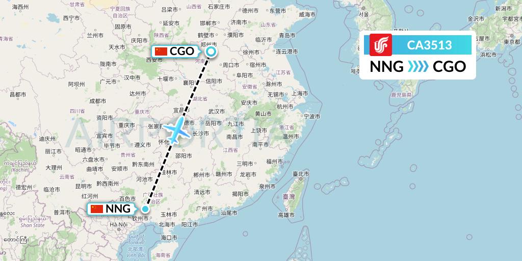 CA3513 Air China Flight Map: Nanning to Zhengzhou