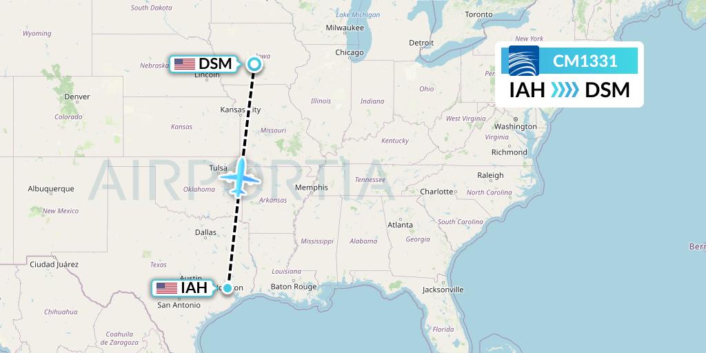 CM1331 Copa Airlines Flight Map: Houston to Des Moines