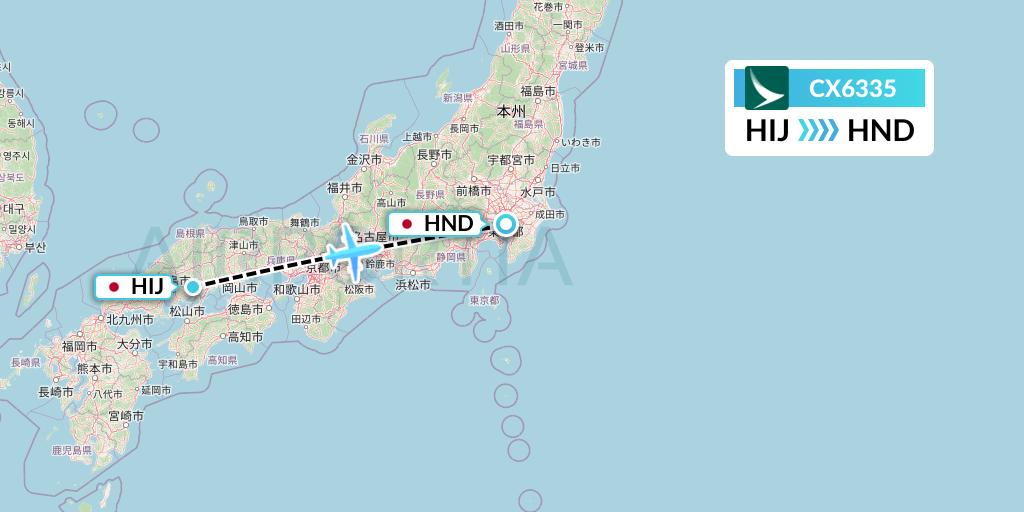CX6335 Cathay Pacific Flight Map: Hiroshima to Tokyo