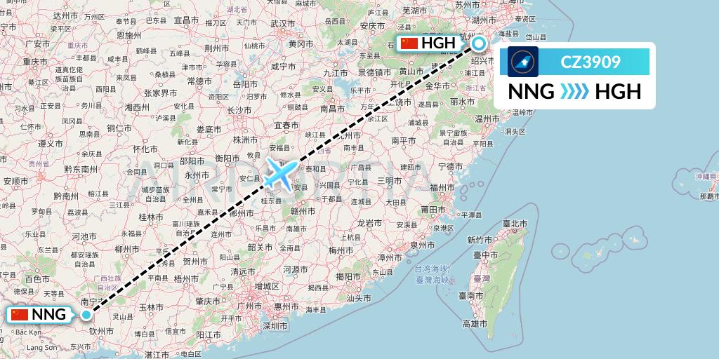 CZ3909 China Southern Airlines Flight Map: Nanning to Hangzhou
