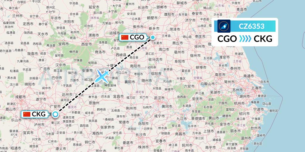 CZ6353 China Southern Airlines Flight Map: Zhengzhou to Chongqing