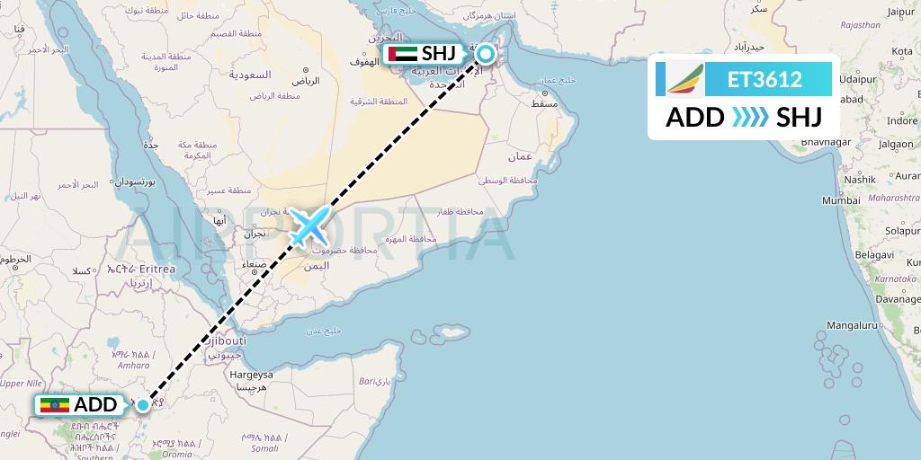 ET3612 Ethiopian Airlines Flight Map: Addis Ababa to Sharjah