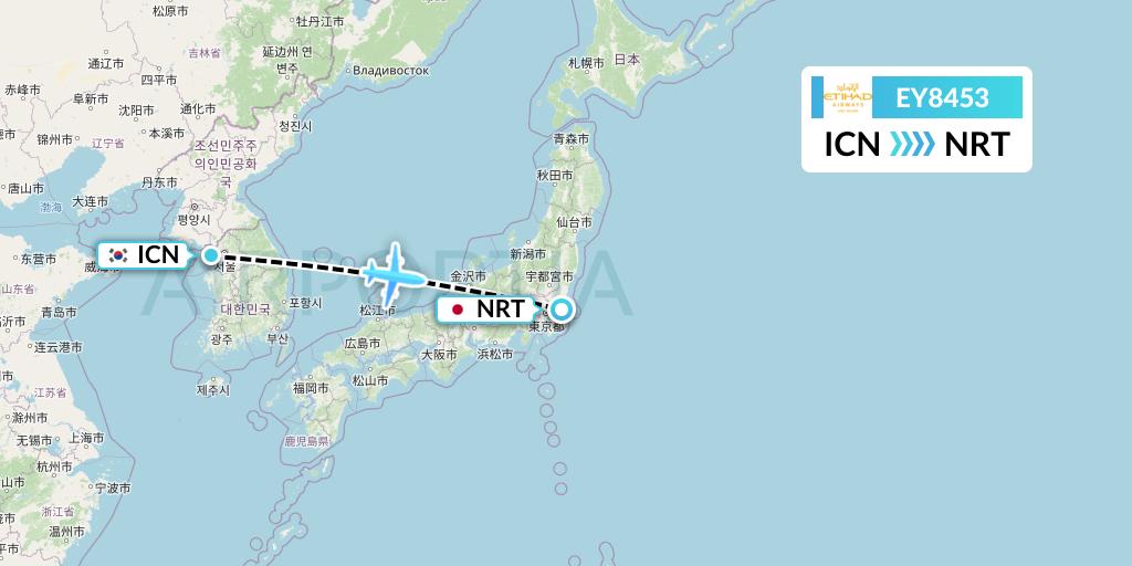 EY8453 Etihad Airways Flight Map: Seoul to Tokyo