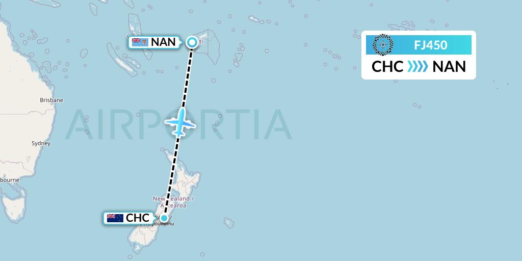 FJ450 Fiji Airways Flight Map: Christchurch to Nadi