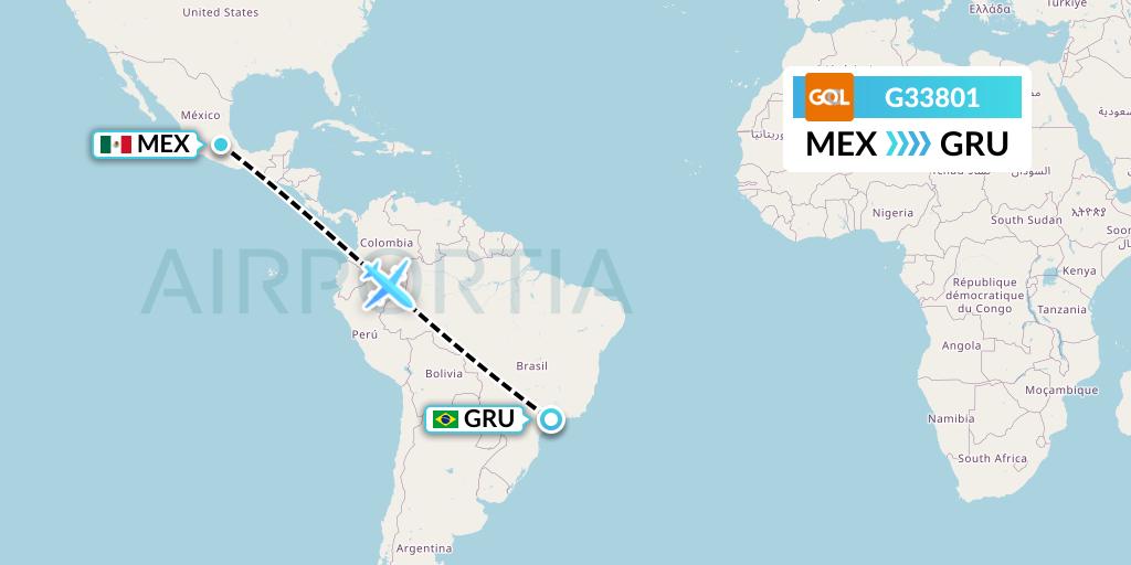 G33801 GOL Transportes Aeros Flight Map: Mexico City to Sao Paulo