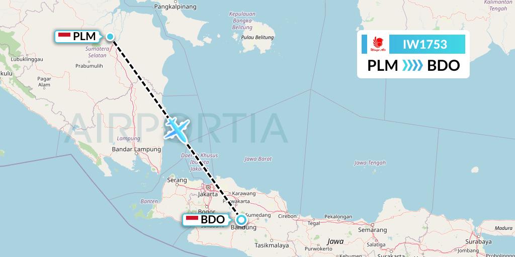 IW1753 Wings Air Flight Map: Palembang to Bandung