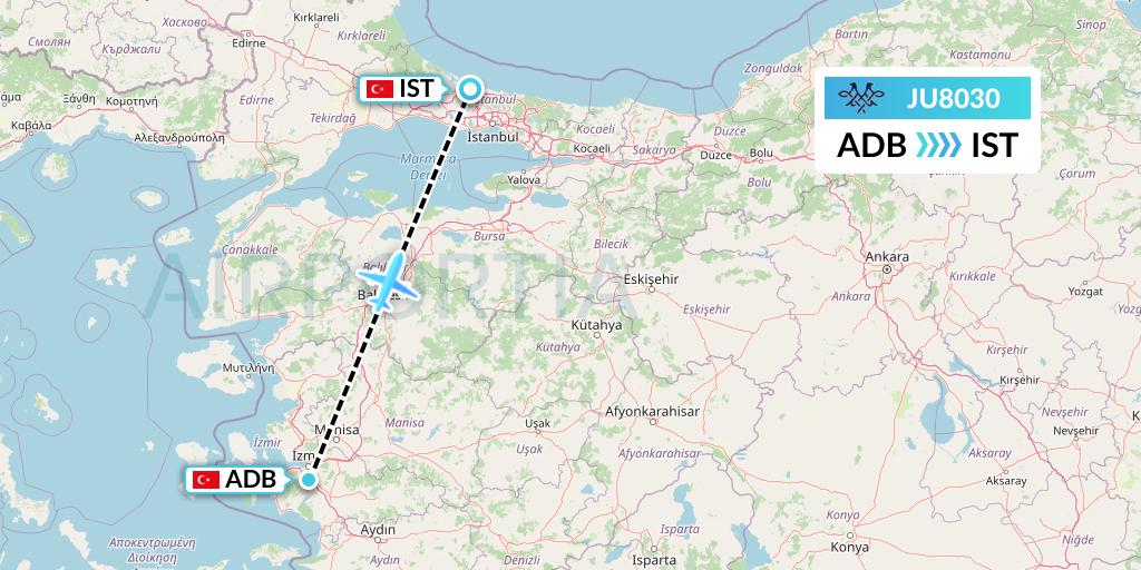 JU8030 AirSERBIA Flight Map: Izmir to Istanbul