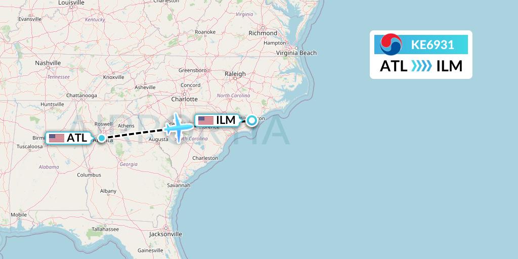 KE6931 Korean Air Flight Map: Atlanta to Wilmington