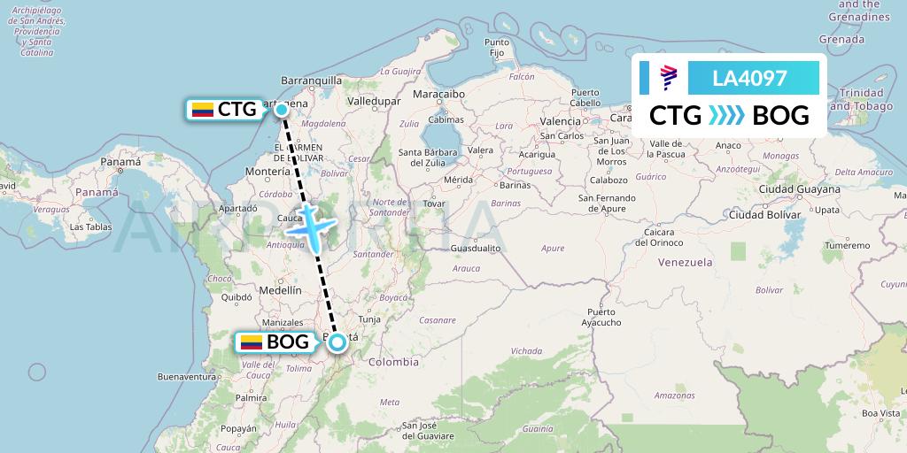 LA4097 LAN Airlines Flight Map: Cartagena to Bogota