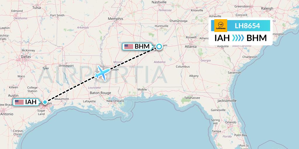 LH8654 Lufthansa Flight Map: Houston to Birmingham
