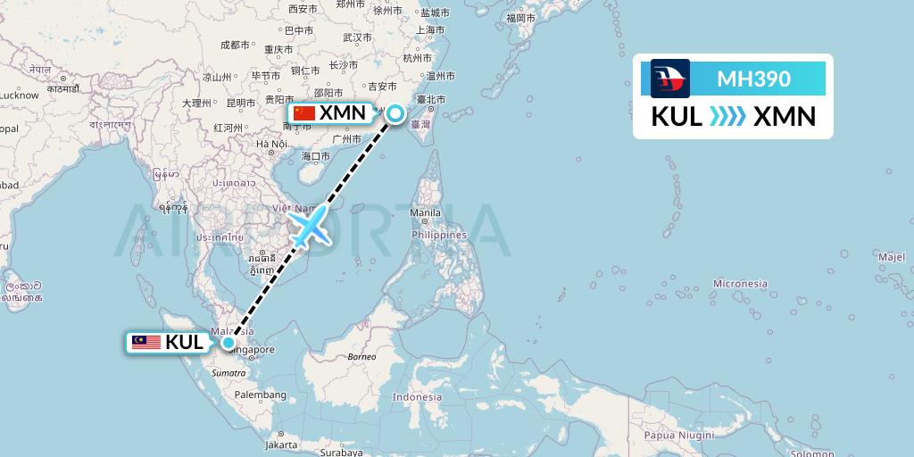 MH390 Malaysia Airlines Flight Map: Kuala Lumpur to Xiamen