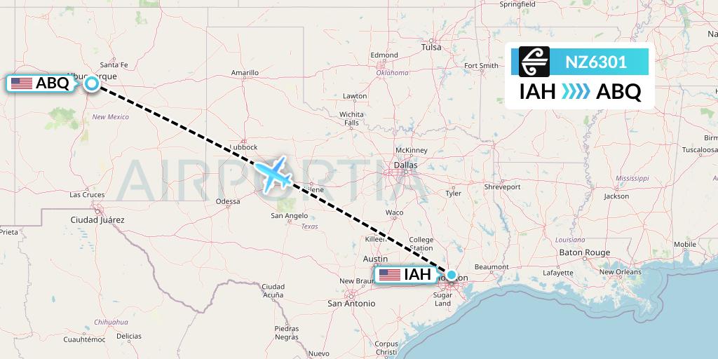 NZ6301 Air New Zealand Flight Map: Houston to Albuquerque