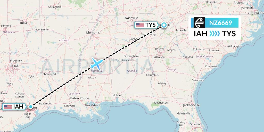 NZ6669 Air New Zealand Flight Map: Houston to Knoxville