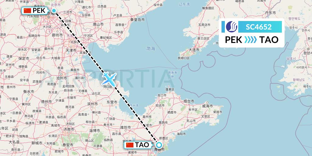 SC4652 Shandong Airlines Flight Map: Beijing to Qingdao