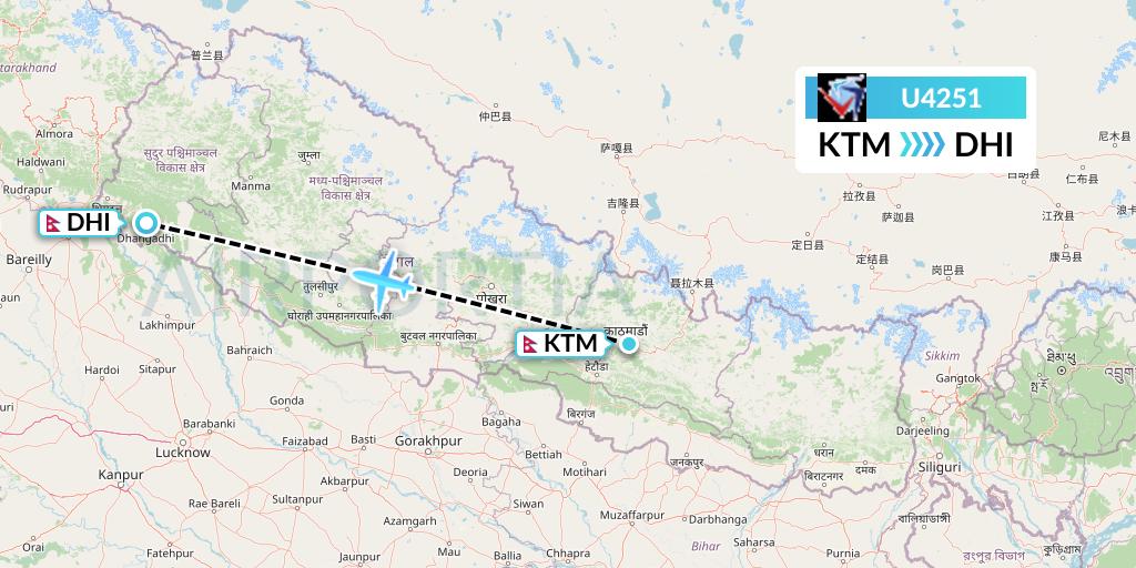U4251 Buddha Air Flight Map: Kathmandu to Dhangarhi
