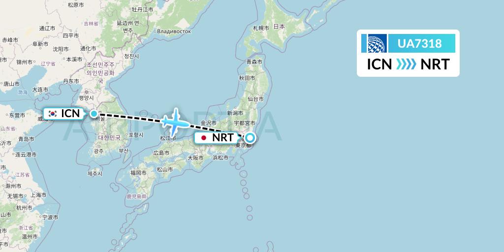 UA7318 United Airlines Flight Map: Seoul to Tokyo