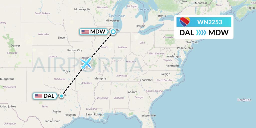 WN2253 Southwest Airlines Flight Map: Dallas to Chicago