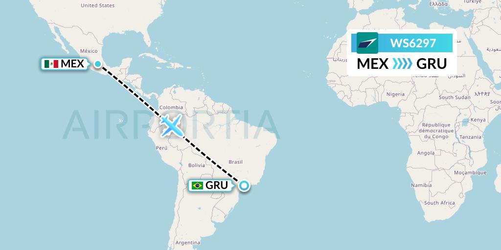 WS6297 WestJet Flight Map: Mexico City to Sao Paulo