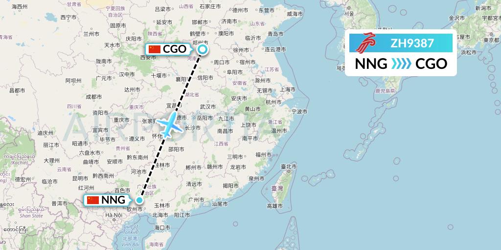 ZH9387 Shenzhen Airlines Flight Map: Nanning to Zhengzhou
