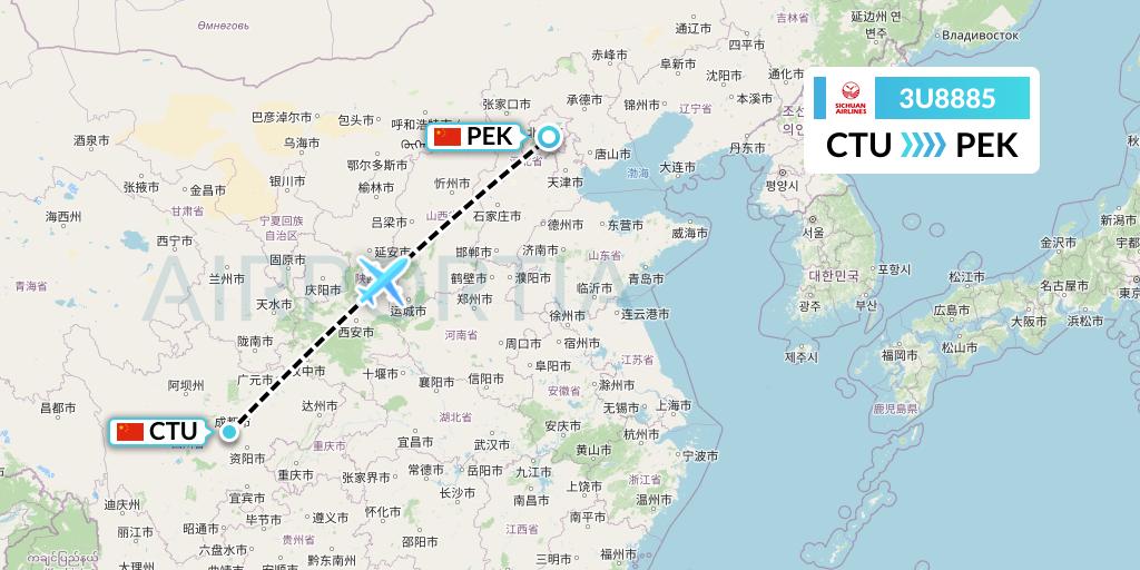 3U8885 Sichuan Airlines Flight Map: Chengdu to Beijing