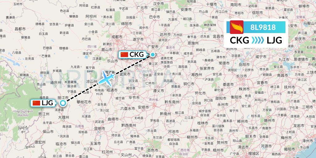 8L9818 Lucky Air Flight Map: Chongqing to Lijiang