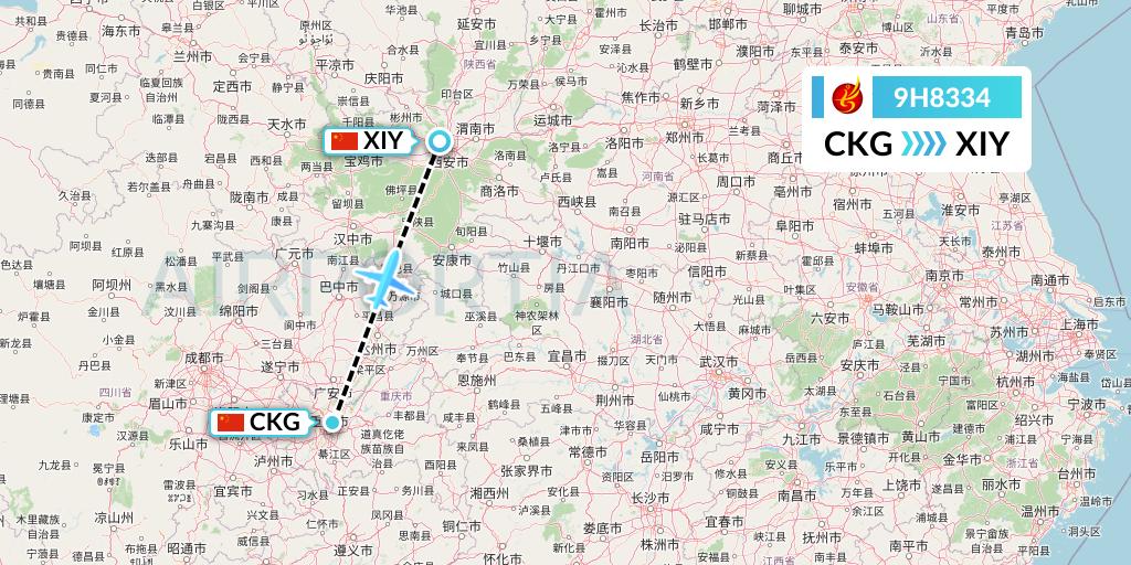 9H8334 Air Changan Flight Map: Chongqing to Xi'an