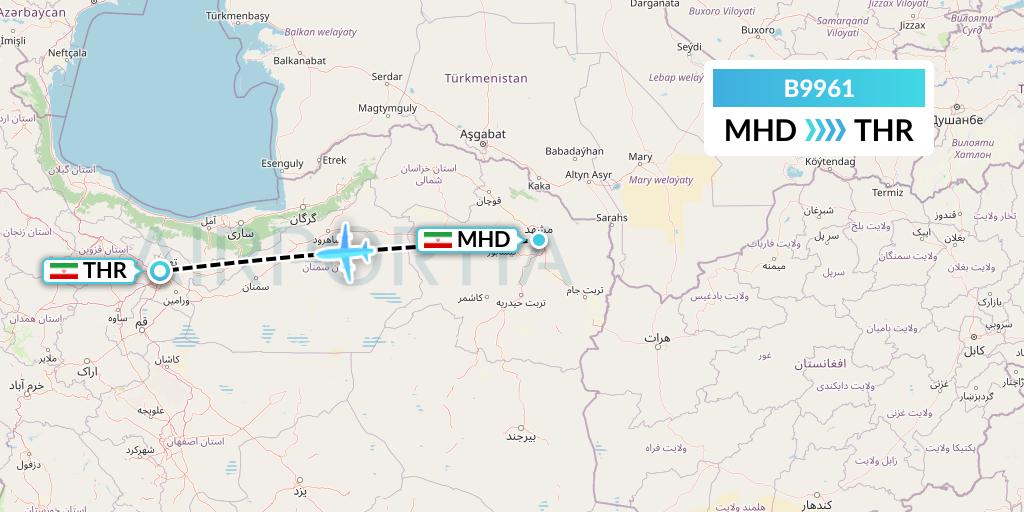 B9961 Iran Air Tours Flight Map: Mashhad to Tehran