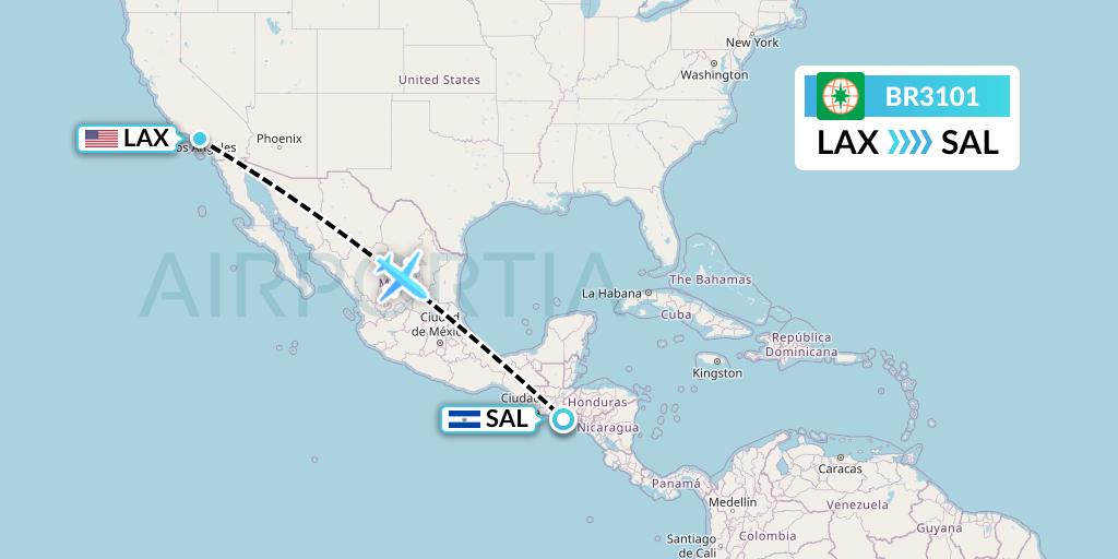 BR3101 EVA Air Flight Map: Los Angeles to San Salvador